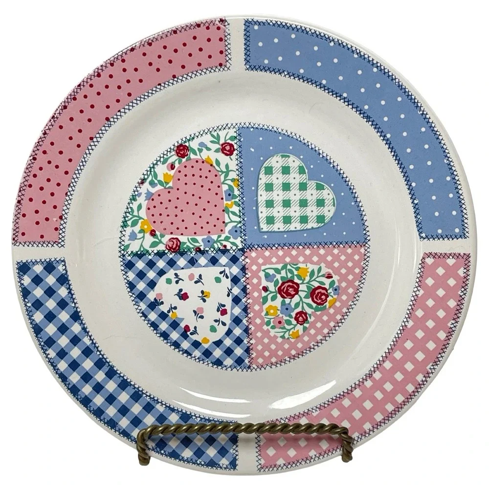 Vintage Tabletops Unlimited Patchwork Heart Salad Plate Pink Blue Floral Gingham